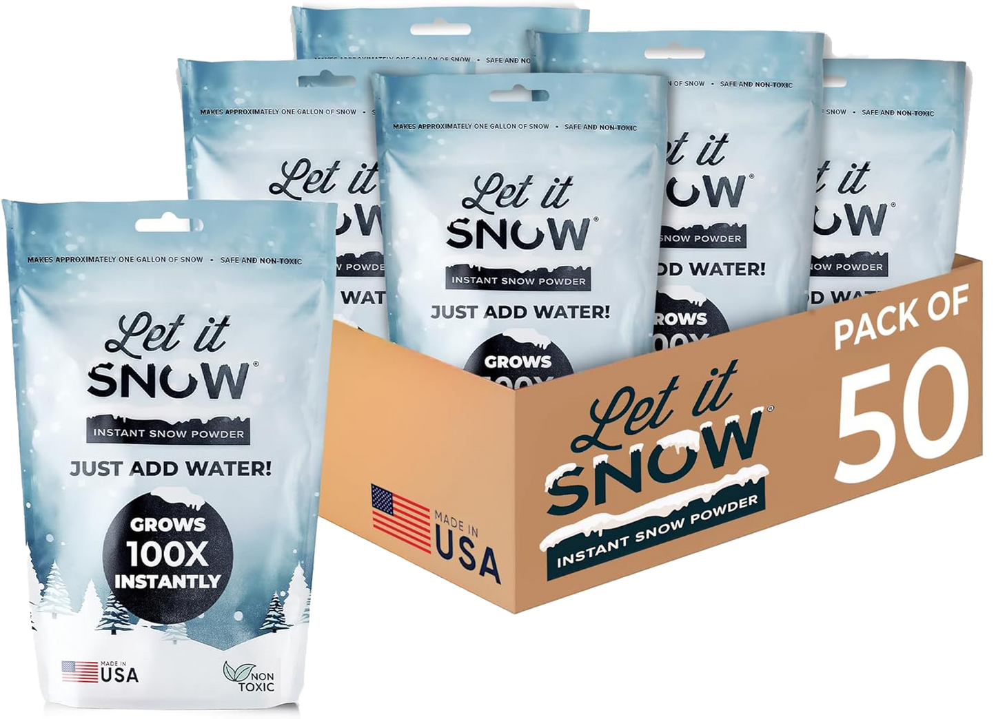 Let it Snow Instant Fake Snow Powder – Made in USA, Perfect for Kids, Holiday Decorations, Sensory Play, and Slime - 50 Pack - Makes 50 Gallon (Copy)