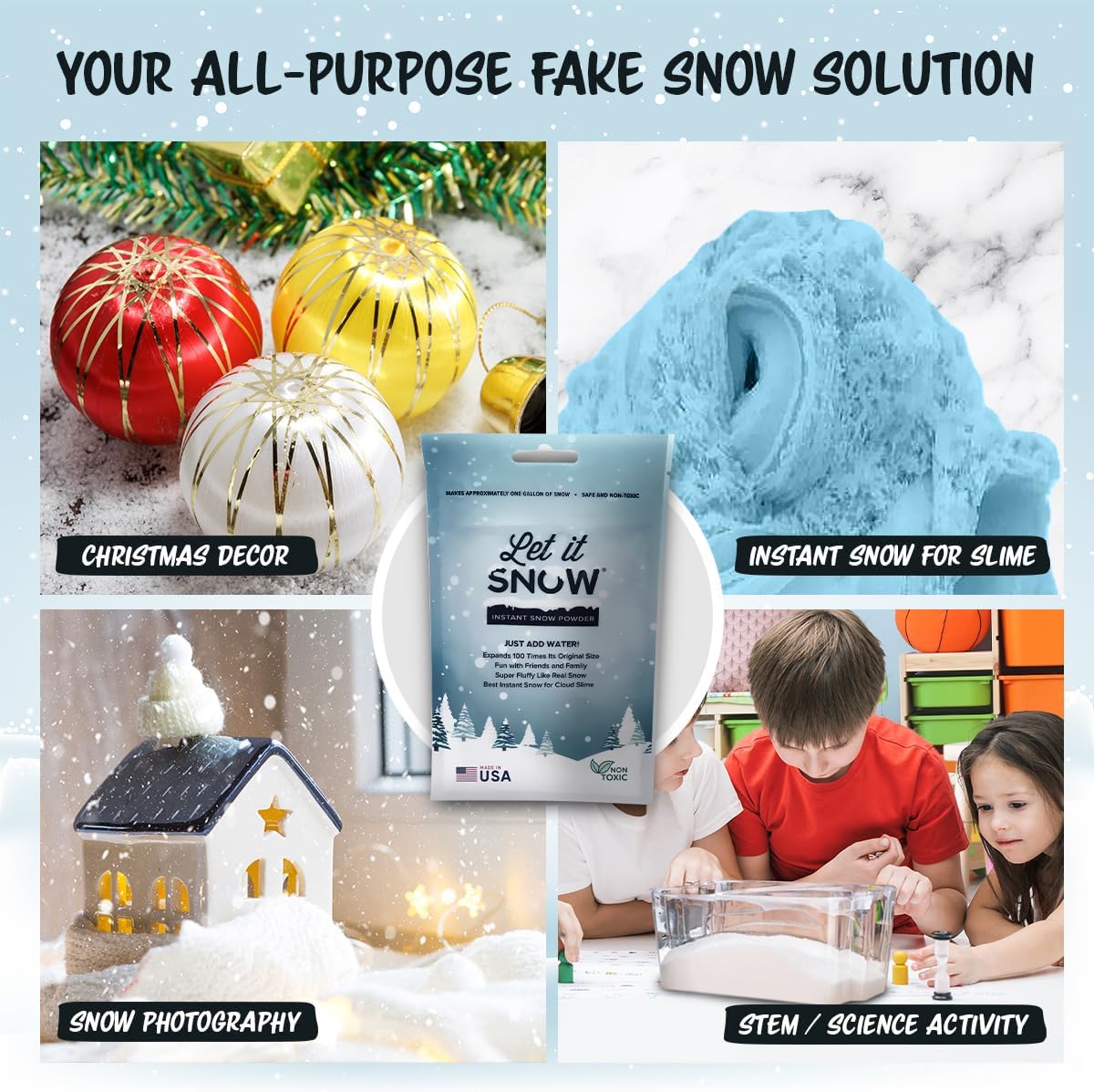 Let it Snow Instant Fake Snow Powder – Made in USA, Perfect for Kids, Holiday Decorations, Sensory Play, and Slime - 50 Pack - Makes 50 Gallon (Copy)