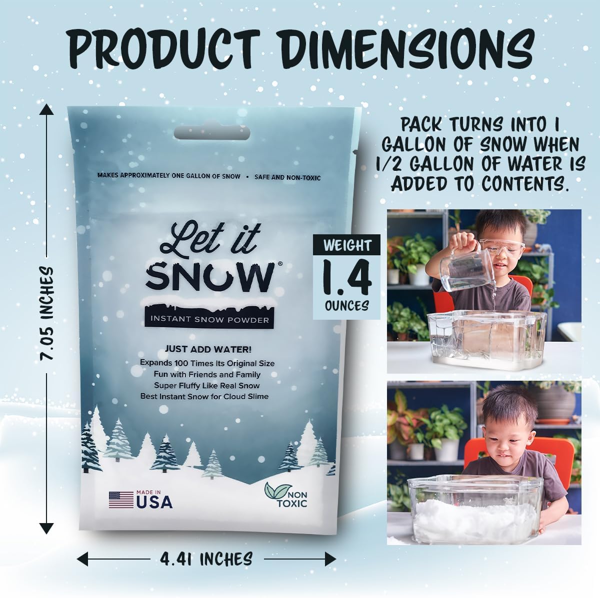 Let it Snow Instant Fake Snow Powder – Made in USA, Perfect for Kids, Holiday Decorations, Sensory Play, and Slime - 50 Pack - Makes 50 Gallon (Copy)