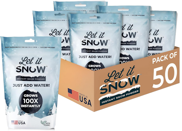 Let it Snow Instant Fake Snow Powder – Made in USA, Perfect for Kids, Holiday Decorations, Sensory Play, and Slime - 50 Pack - Makes 50 Gallon (Copy)