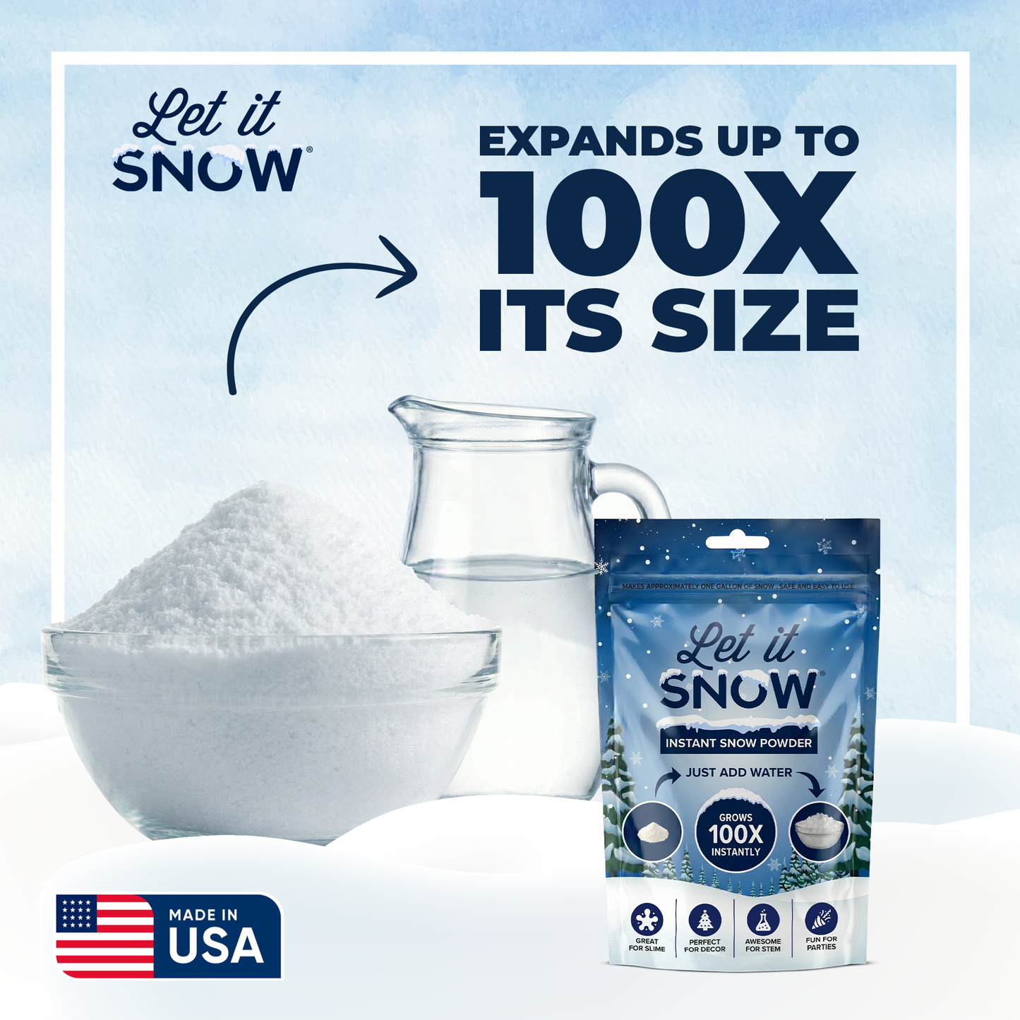 Let it Snow Instant Fake Snow Powder – Made in USA, Perfect for Kids, Holiday Decorations, Sensory Play, and Slime - 10 Pack - Makes 10 Gallon (Copy)