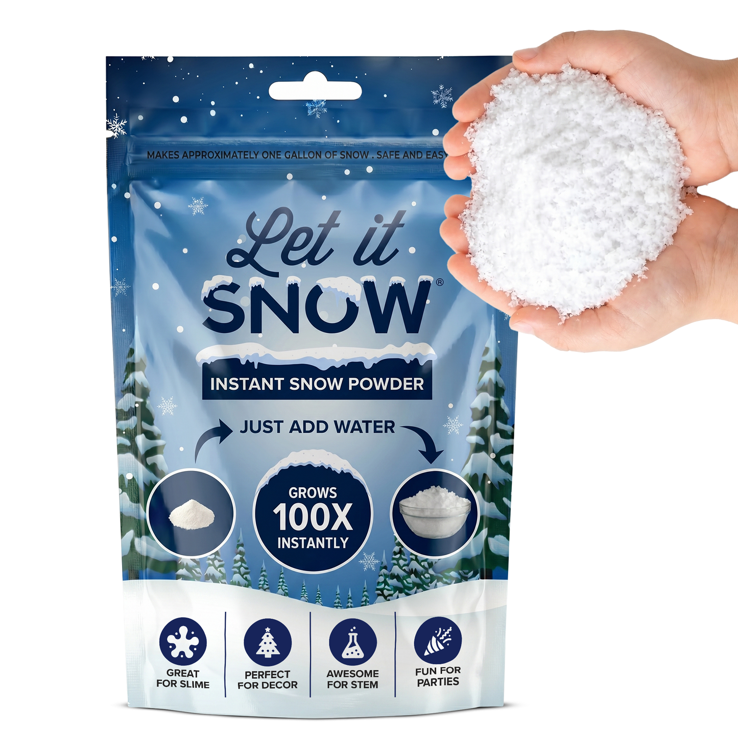 Let it Snow Instant Fake Snow Powder – Made in USA, Perfect for Kids, Holiday Decorations, Sensory Play, and Slime - 1 Pack - Makes 1 Gallon