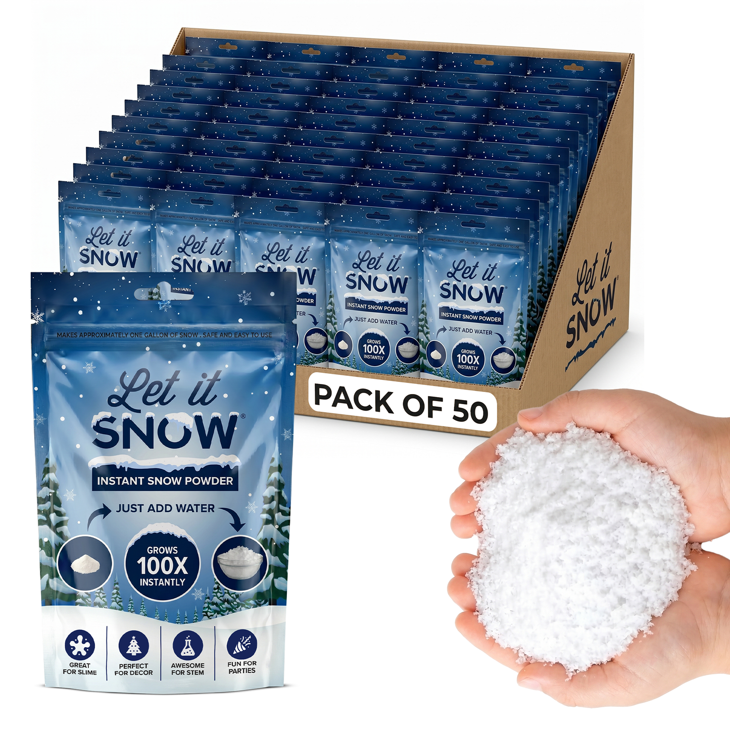 Let it Snow Instant Fake Snow Powder – Made in USA, Perfect for Kids, Holiday Decorations, Sensory Play, and Slime - 50 Pack - Makes 50 Gallon (Copy)